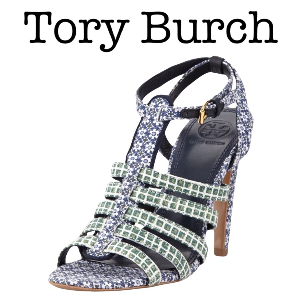 Tory Burch Charlene Floral Print Linen Strappy Open Toe Heels Size 5